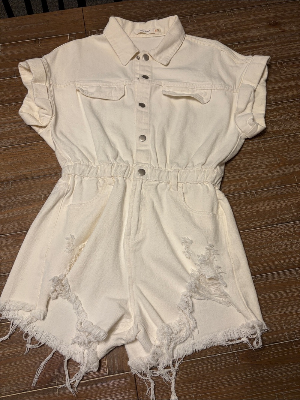 idem ditto Elastic-Waist Distressed Denim Romper. Snap Front with Zipper.
